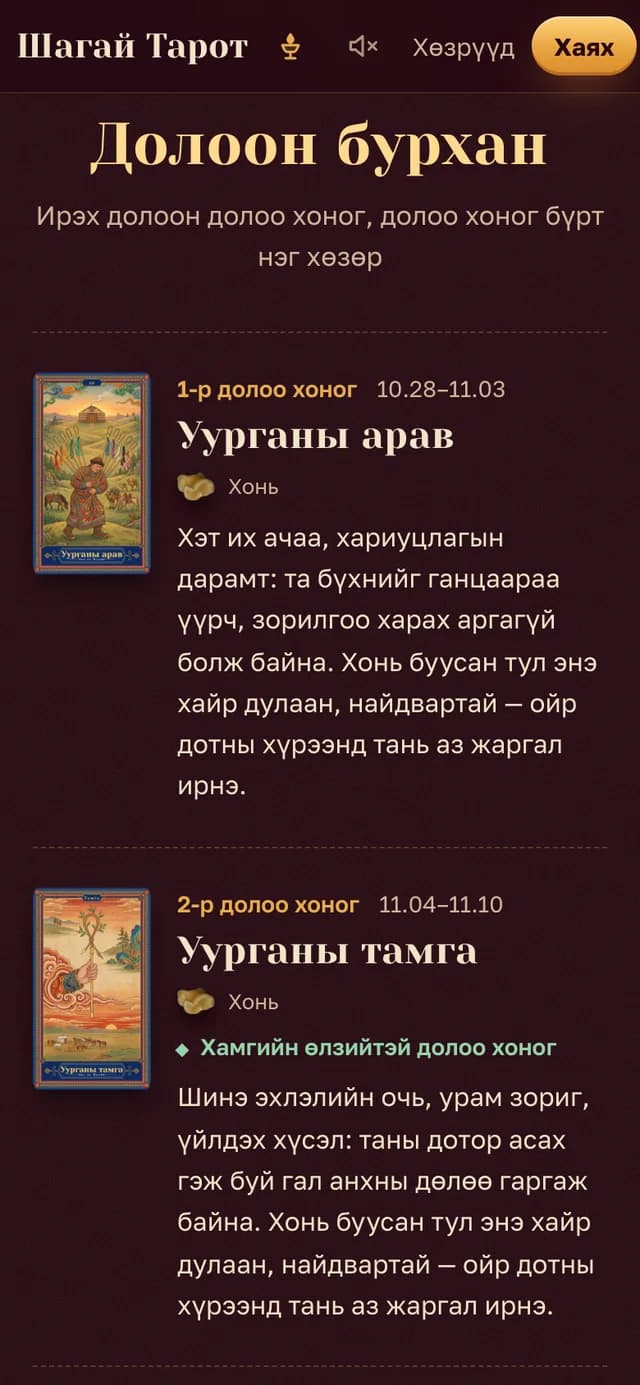 Долоон бурхан. Ирэх долоо хоног бүрийн хөзөр огноотойгоо, аль нь өлзийтэй вэ.
